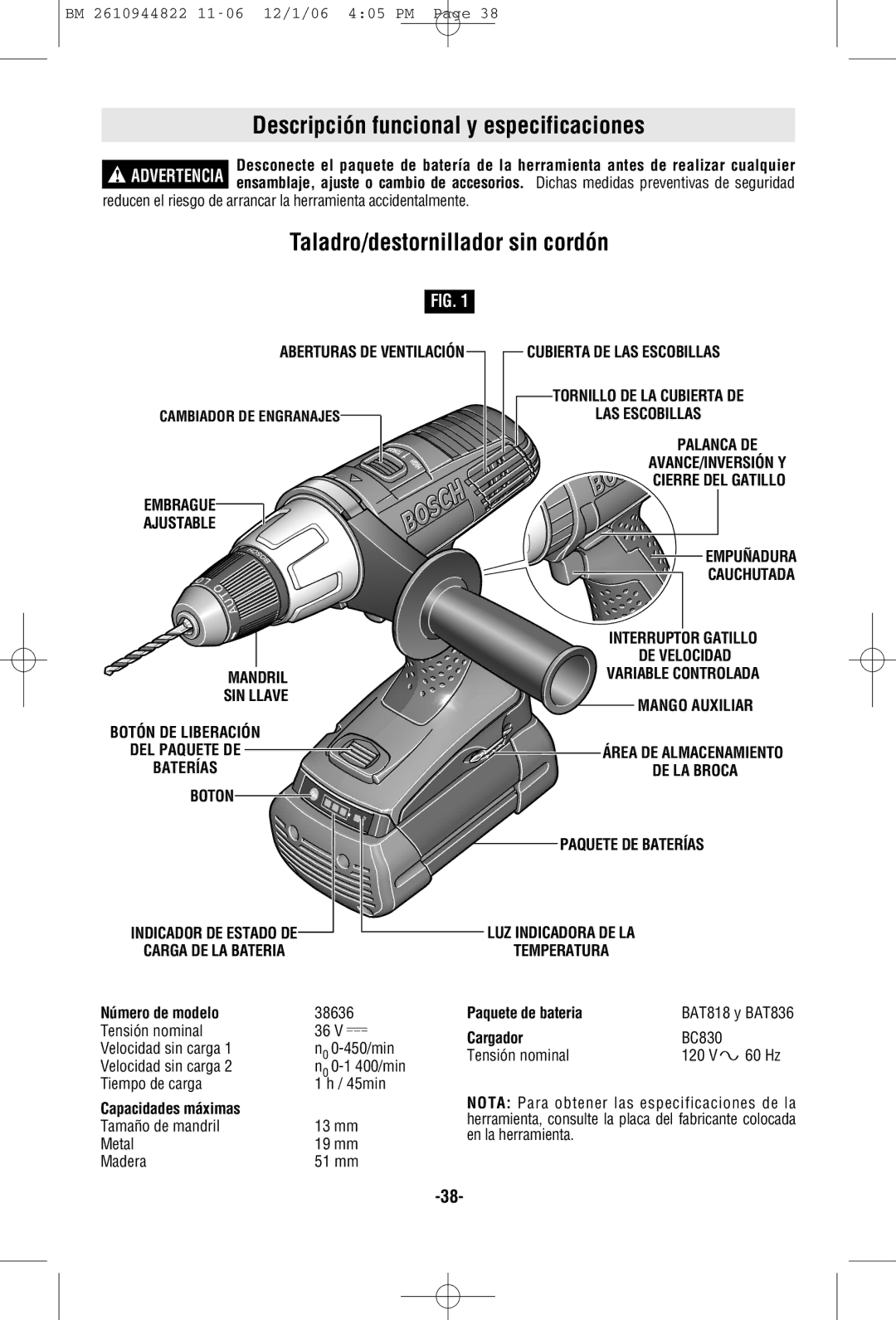 Bosch Power Tools 38636-01 manual Descripción funcional y especificaciones, Taladro/destornillador sin cordón 