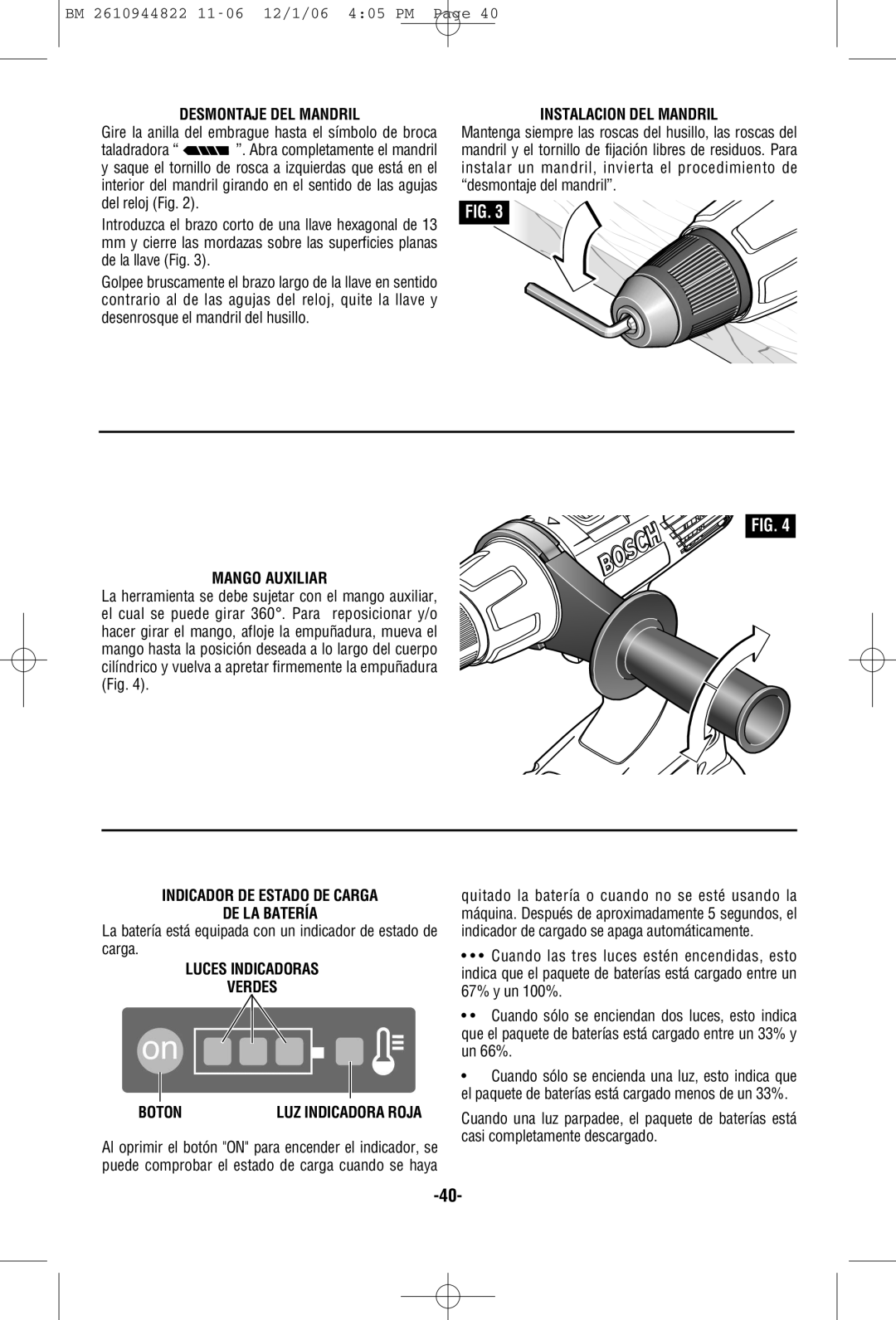 Bosch Power Tools 38636 Desmontaje DEL Mandril, Instalacion DEL Mandril, Mango Auxiliar, Luces Indicadoras Verdes Boton 