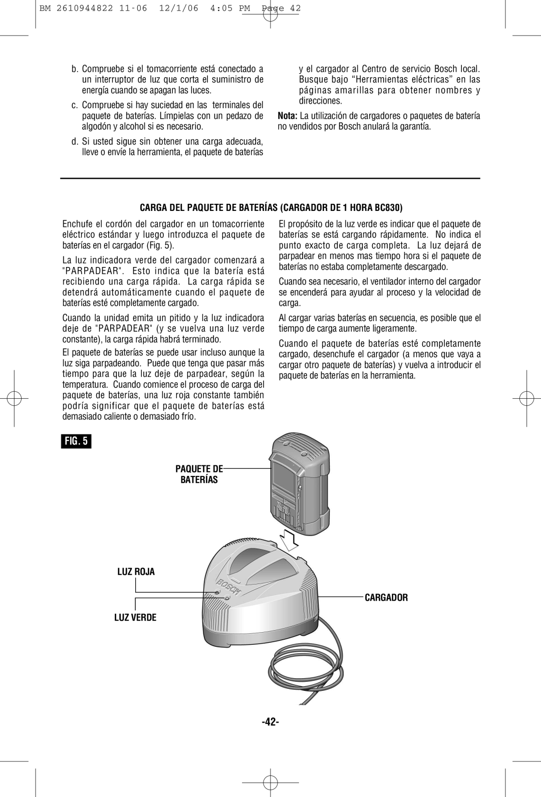 Bosch Power Tools 38636-01 manual Carga DEL Paquete DE Baterías Cargador DE 1 Hora BC830 