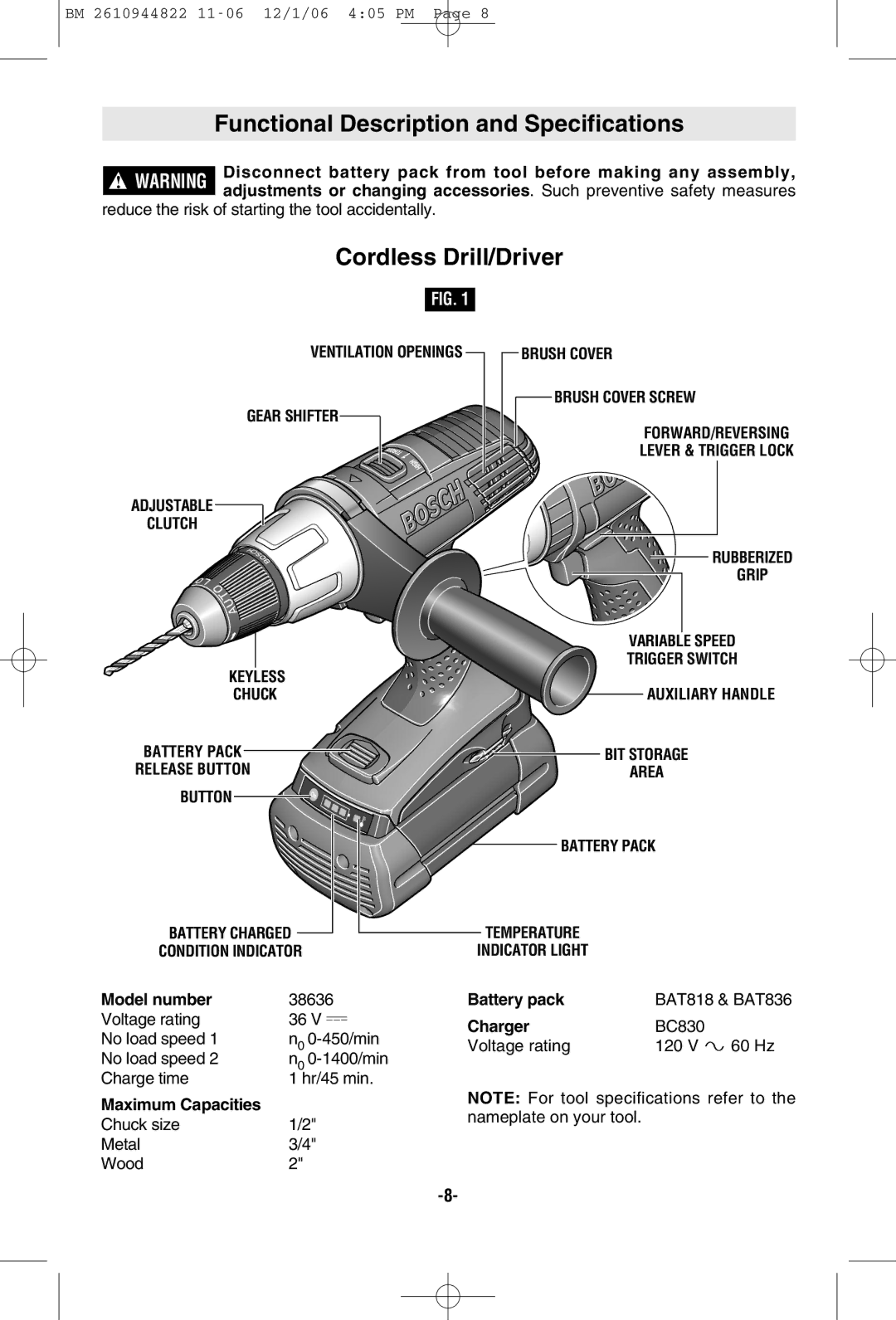 Bosch Power Tools 38636-01 manual Functional Description and Specifications, Cordless Drill/Driver 