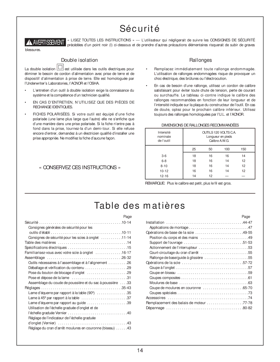 Bosch Power Tools 3912 manual Table des matières, Double isolation, Rallonges 