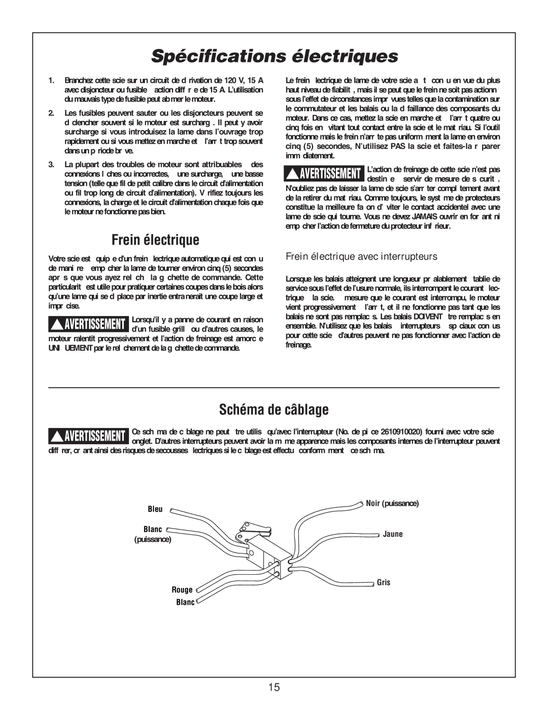 Bosch Power Tools 3912 manual Spécifications électriques, Frein électrique, Schéma de câblage 