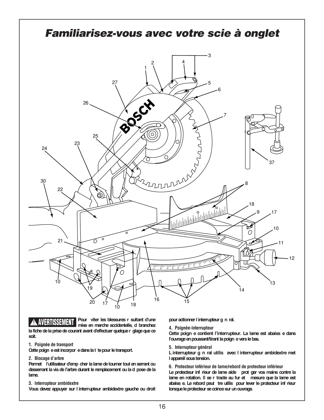 Bosch Power Tools 3912 manual Familiarisez-vous avec votre scie à onglet 