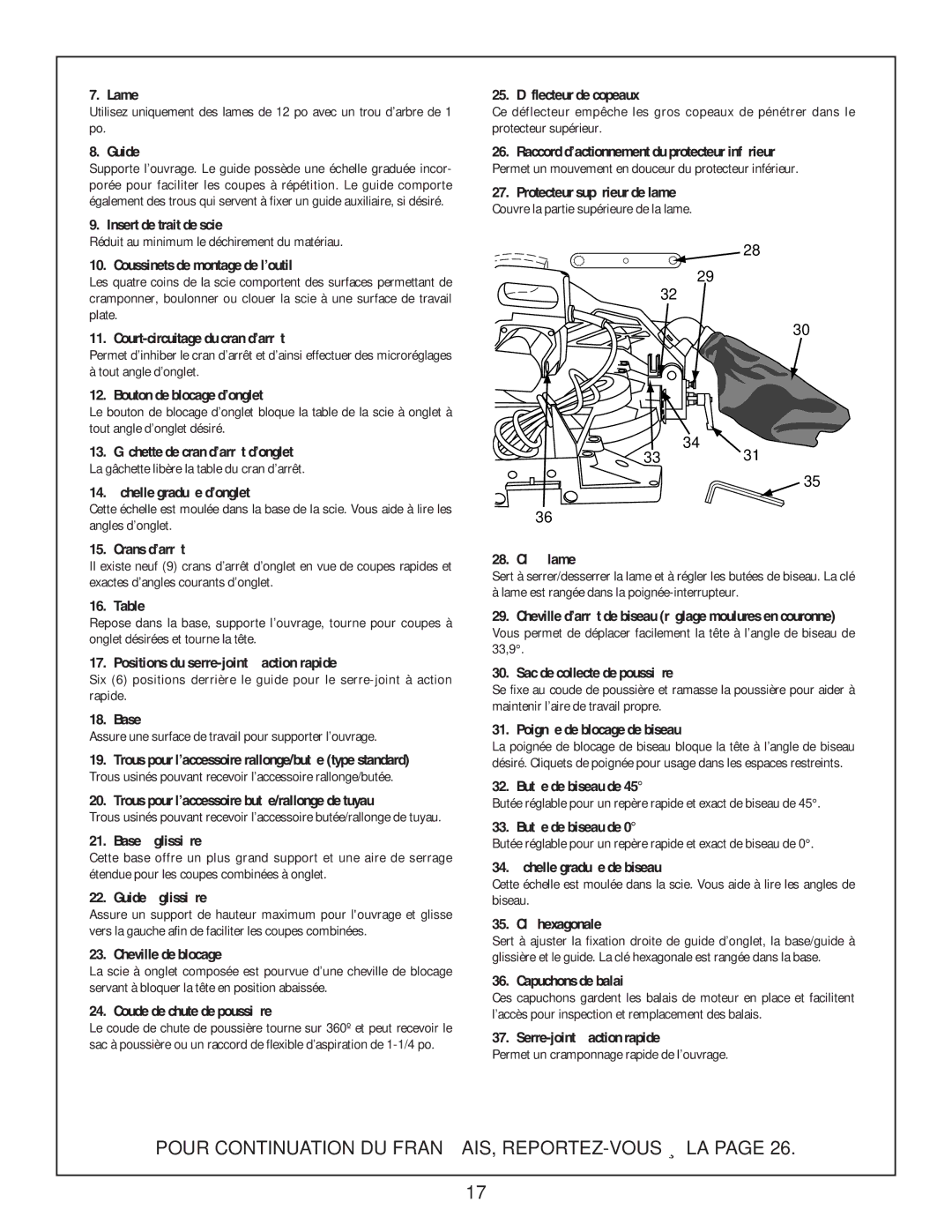 Bosch Power Tools 3912 Lame, Guide, Insert de trait de scie, Coussinets de montage de l’outil, Bouton de blocage d’onglet 