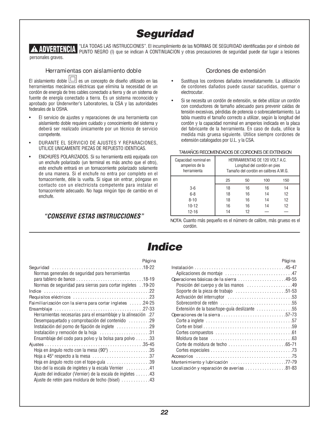 Bosch Power Tools 3912 manual Indice, Herramientas con aislamiento doble, Cordones de extensión, Página 