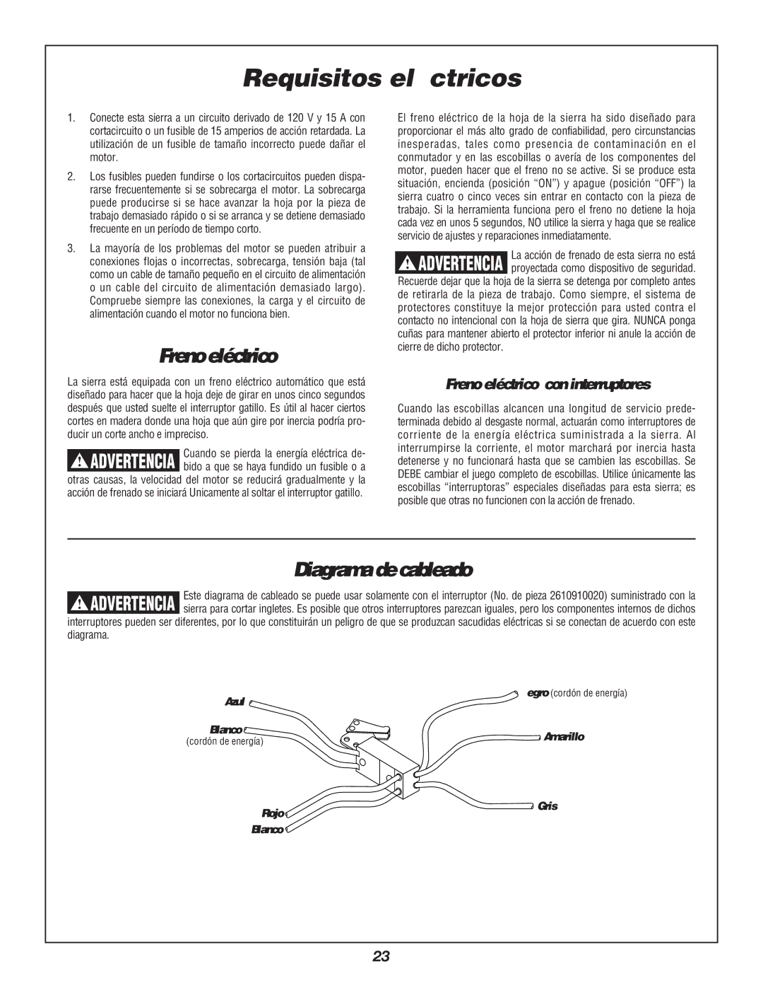 Bosch Power Tools 3912 manual Requisitos eléctricos, Diagrama de cableado, Freno eléctrico con interruptores 