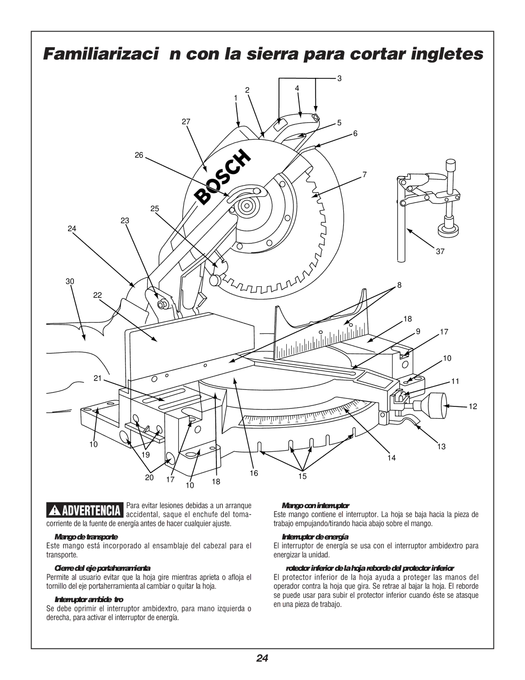 Bosch Power Tools 3912 manual Familiarización con la sierra para cortar ingletes 