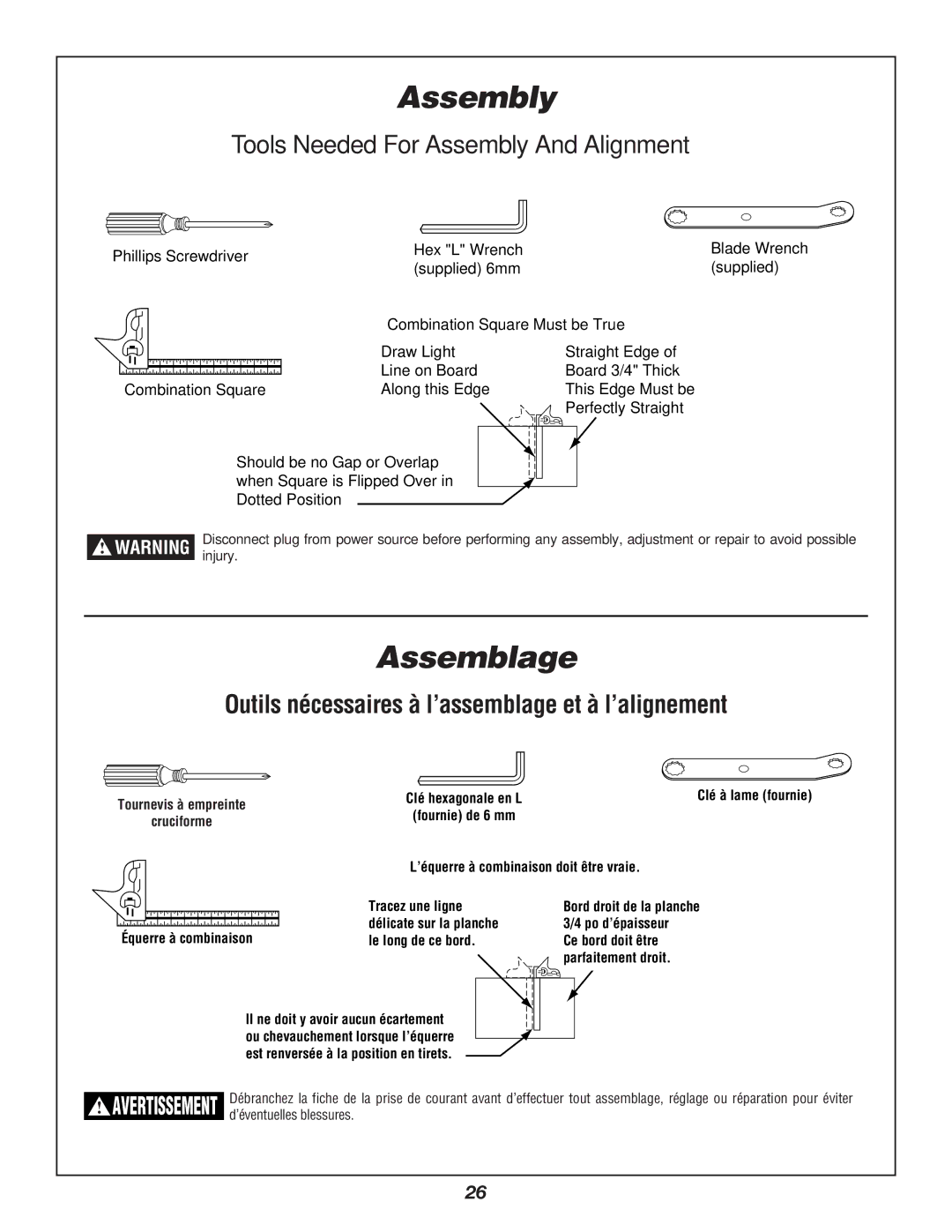 Bosch Power Tools 3912 manual Assemblage, Tools Needed For Assembly And Alignment 