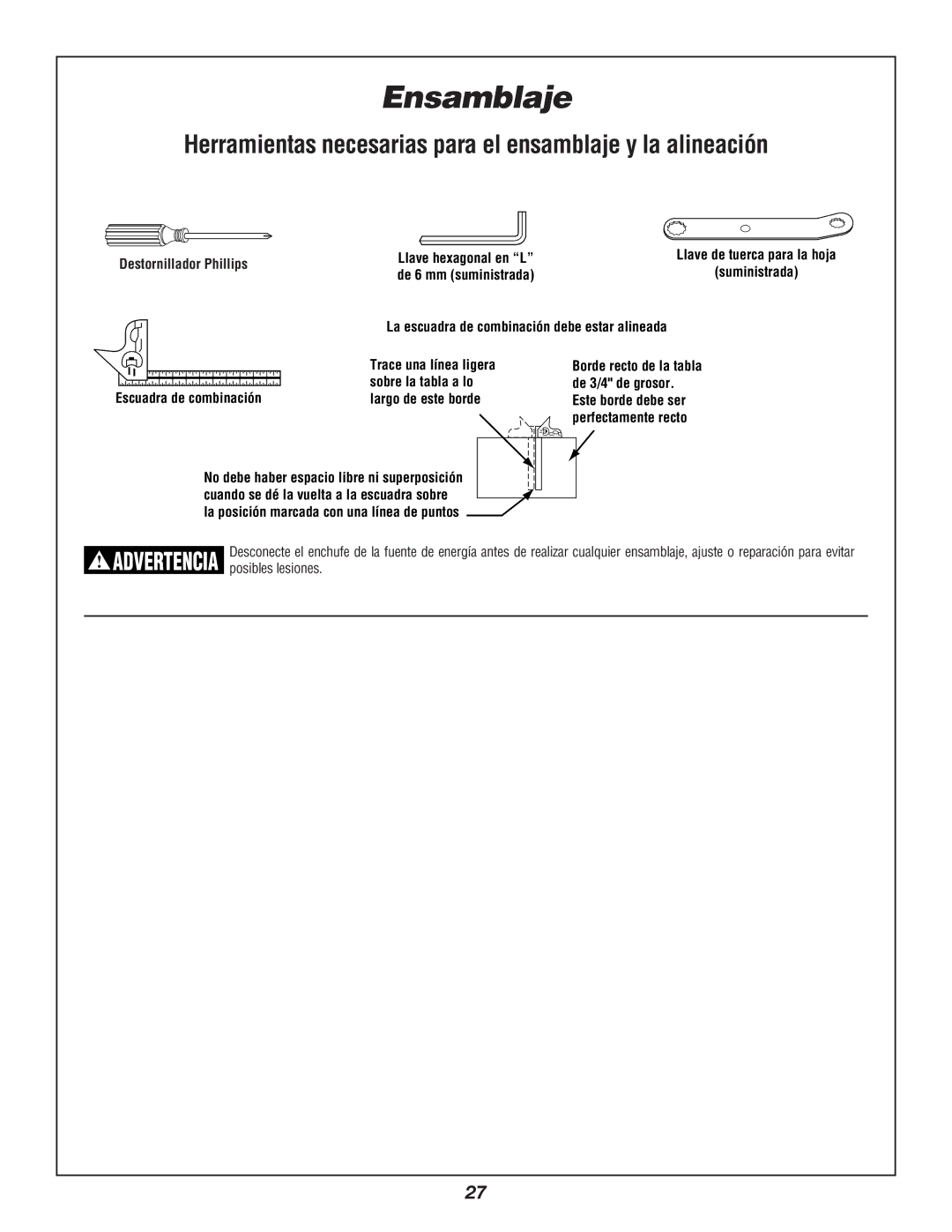 Bosch Power Tools 3912 manual Ensamblaje, Herramientas necesarias para el ensamblaje y la alineación 