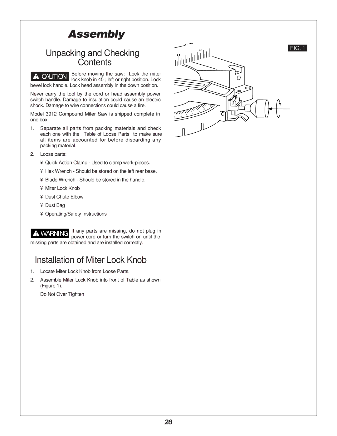 Bosch Power Tools 3912 manual Unpacking and Checking Contents, Installation of Miter Lock Knob 