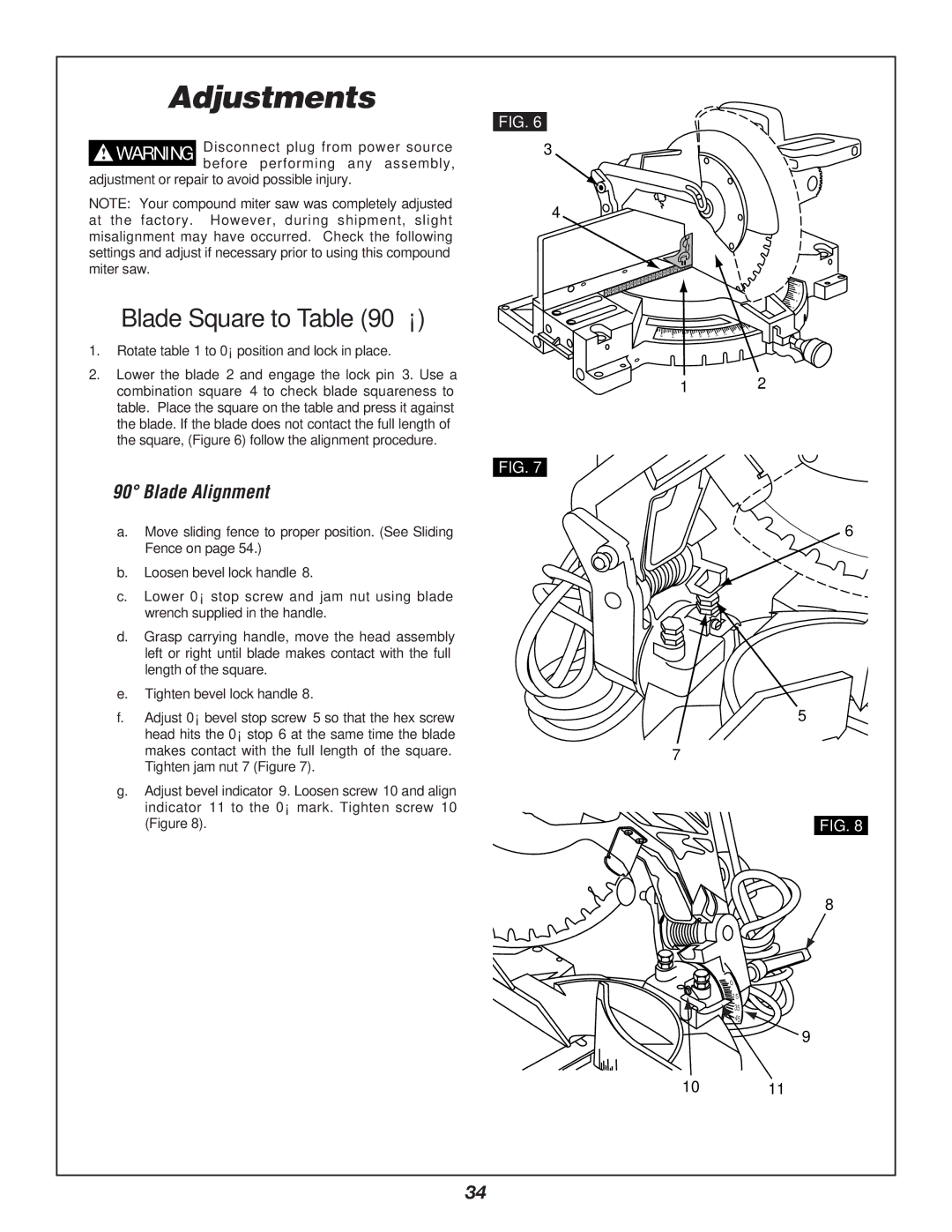 Bosch Power Tools 3912 manual Adjustments, Blade Square to Table, Blade Alignment 