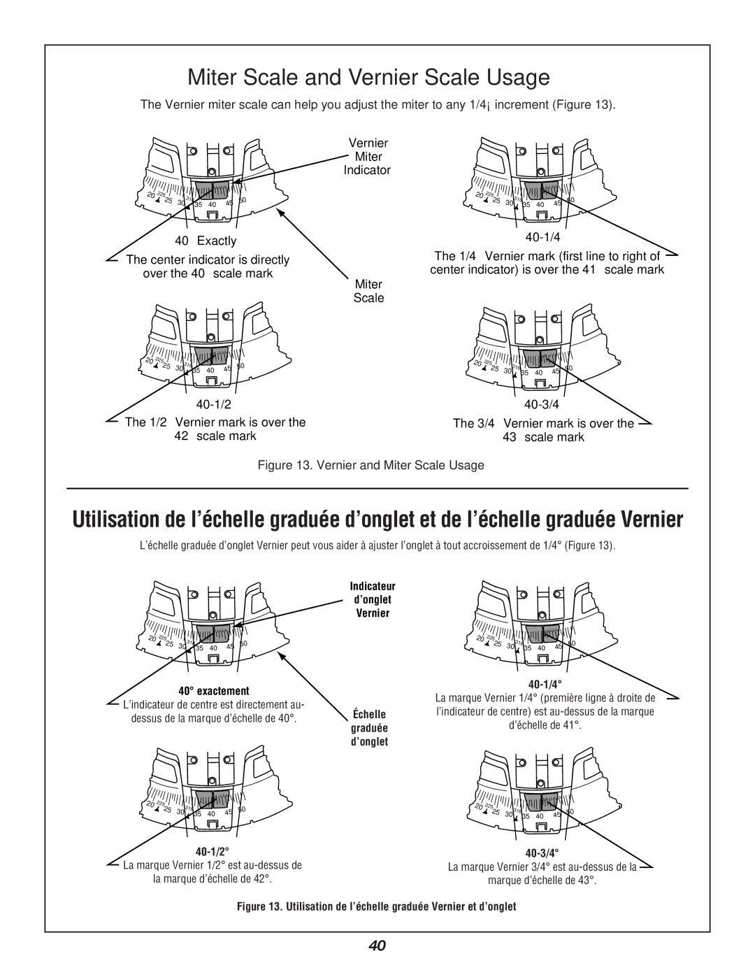 Bosch Power Tools 3912 manual Indicateur ’onglet Vernier, Exactement, 40-1/2, Échelle, 40-1/4, 40-3/4 