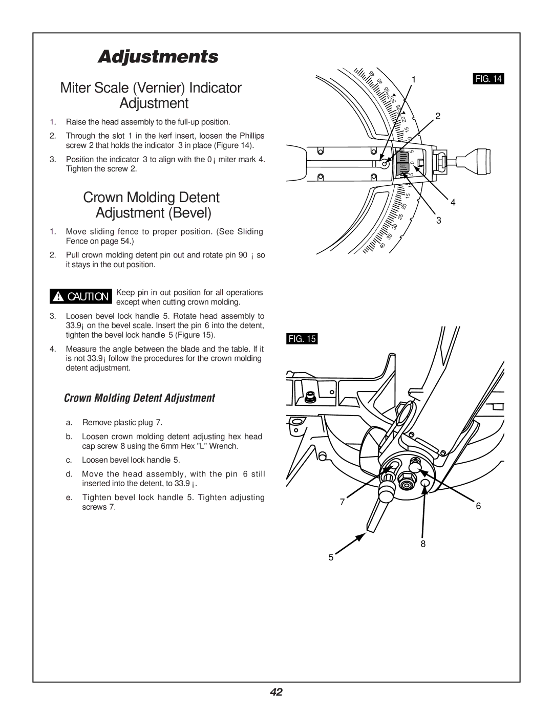 Bosch Power Tools 3912 manual Miter Scale Vernier Indicator Adjustment, Crown Molding Detent Adjustment Bevel 