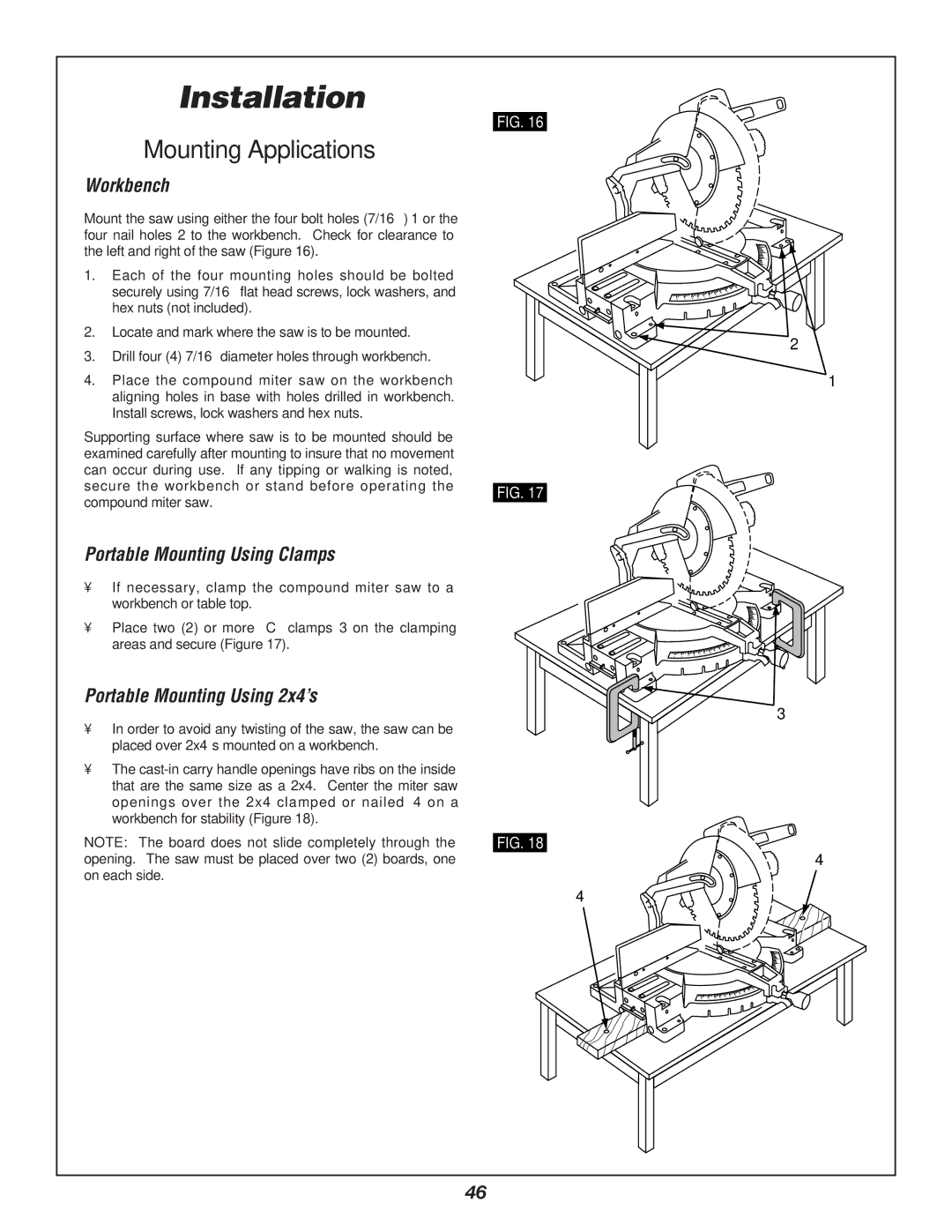 Bosch Power Tools 3912 Mounting Applications, Workbench, Portable Mounting Using Clamps, Portable Mounting Using 2x4’s 