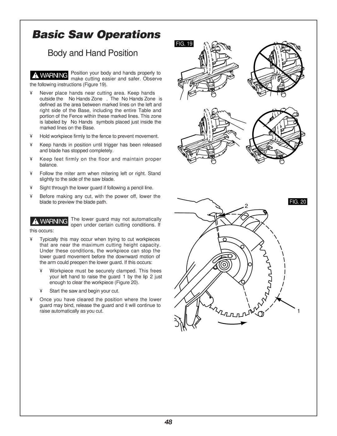 Bosch Power Tools 3912 manual Basic Saw Operations, Body and Hand Position 