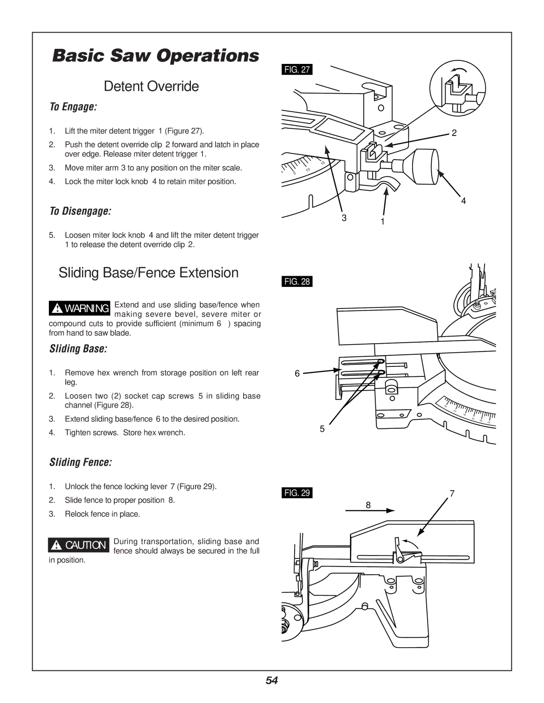 Bosch Power Tools 3912 manual Detent Override, Sliding Base/Fence Extension 