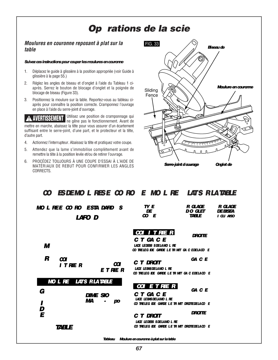 Bosch Power Tools 3912 manual Moulures en couronne reposant à plat sur la table, Biseau de 33,9 Moulure en couronne 