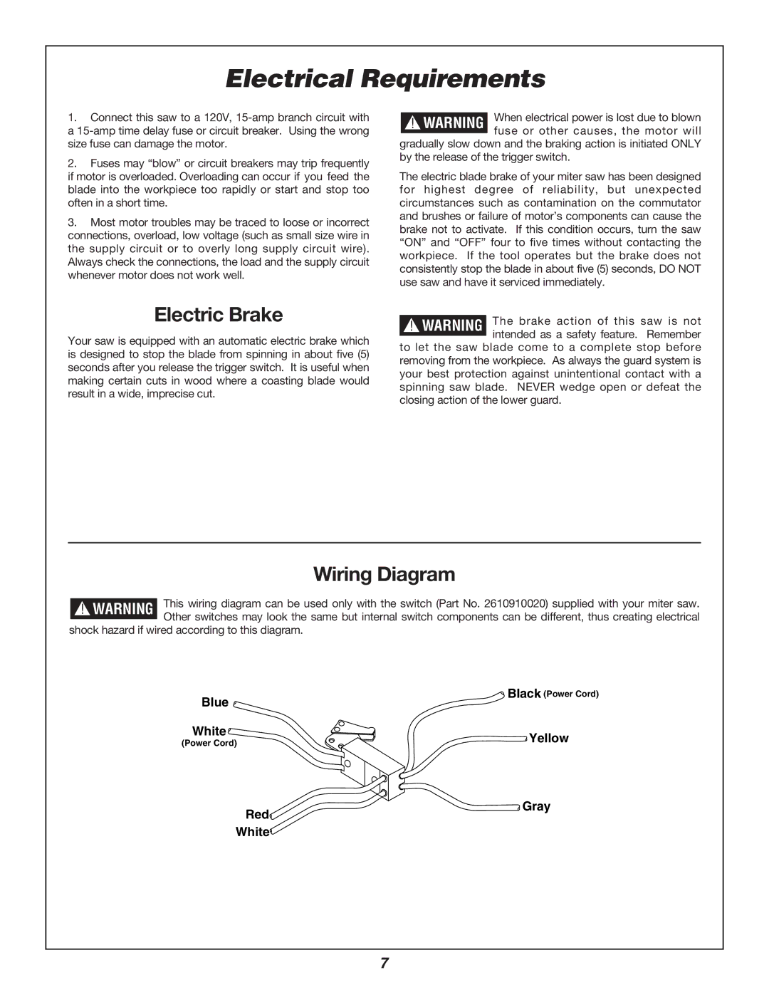 Bosch Power Tools 3912 manual Electrical Requirements, Electric Brake, Wiring Diagram 