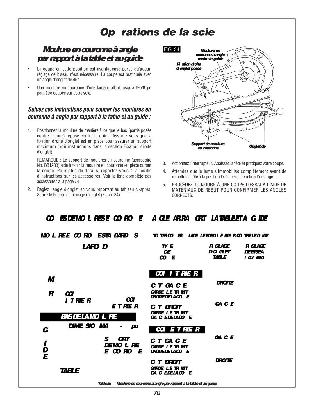 Bosch Power Tools 3912 manual Moulure en couronne à angle, Par rapport à la table et au guide 