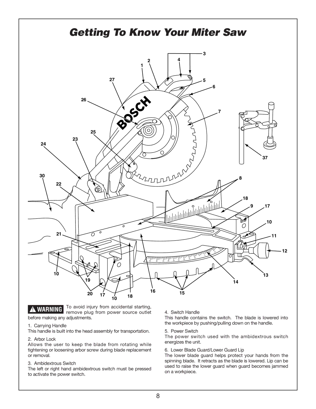 Bosch Power Tools 3912 manual Getting To Know Your Miter Saw, Arbor Lock 