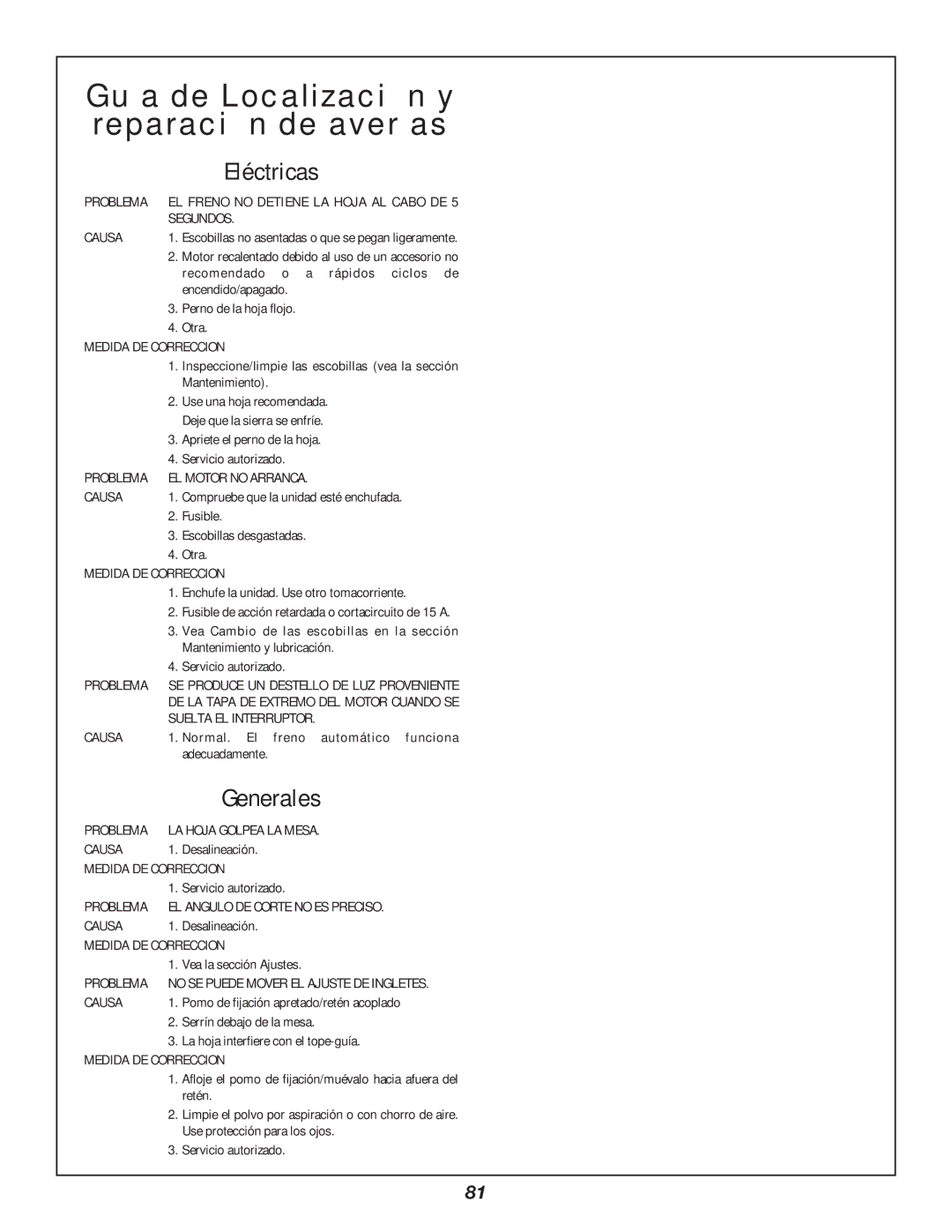 Bosch Power Tools 3912 manual Guía de Localización y reparación de averías, Eléctricas, Generales 