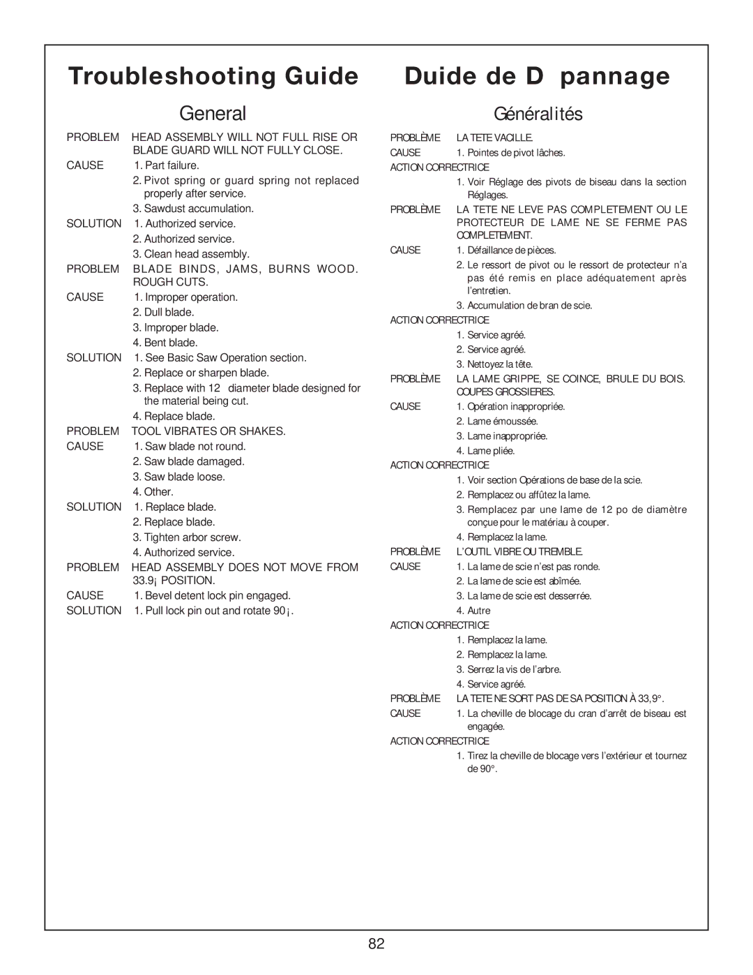 Bosch Power Tools 3912 manual Réglages, Défaillance de pièces, ’entretien, Accumulation de bran de scie, Nettoyez la tête 