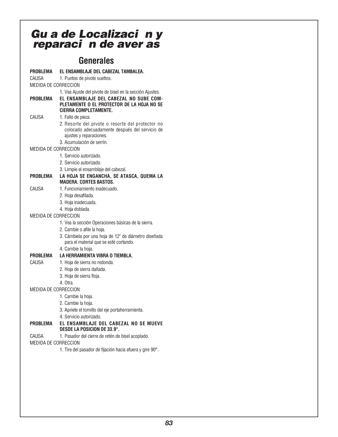 Bosch Power Tools 3912 manual Puntos de pivote sueltos, Fallo de pieza, Ajustes y reparaciones, Acumulación de serrín 