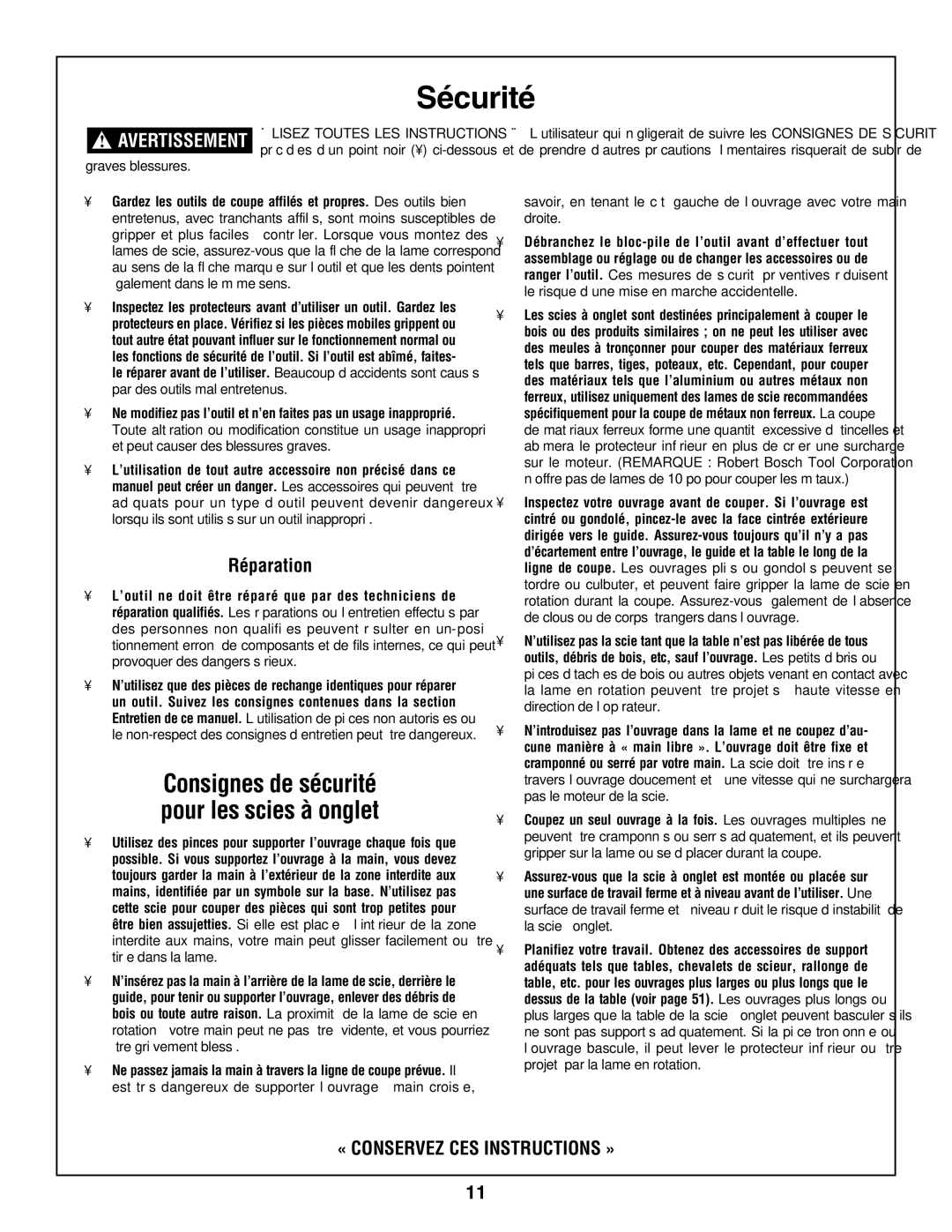 Bosch Power Tools 3924-24, 3918 manual Consignes de sécurité pour les scies à onglet, Réparation 