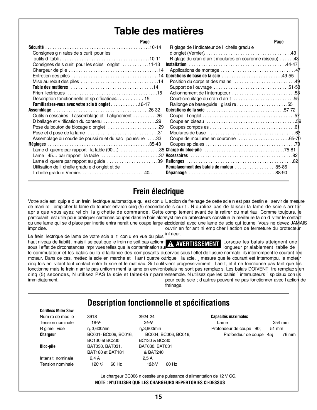 Bosch Power Tools 3924-24, 3918 manual Table des matières, Frein électrique, Description fonctionnelle et spécifications 