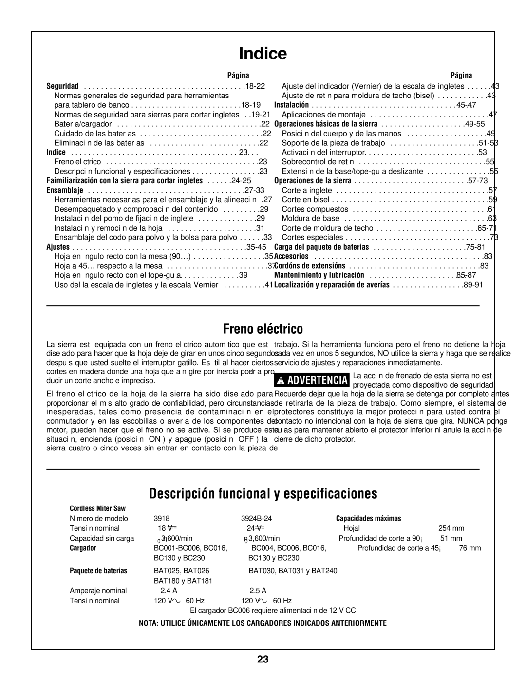 Bosch Power Tools 3924-24, 3918 manual Indice, Freno eléctrico, Descripción funcional y especificaciones, Página 