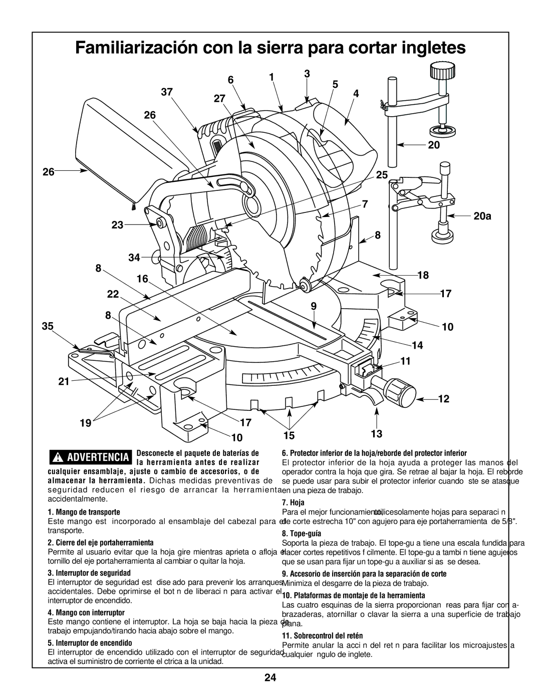 Bosch Power Tools 3918, 3924-24 manual Familiarización con la sierra para cortar ingletes 