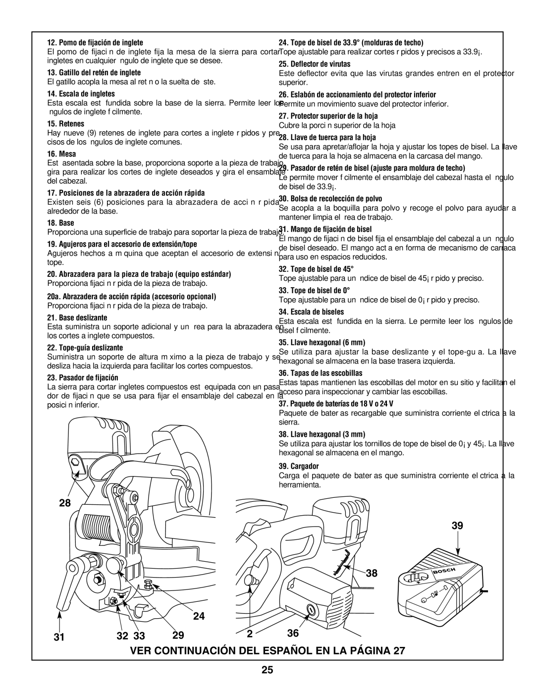 Bosch Power Tools 3924-24 Pomo de fijación de inglete, Tope de bisel de 33.9 molduras de techo, Escala de ingletes, Mesa 