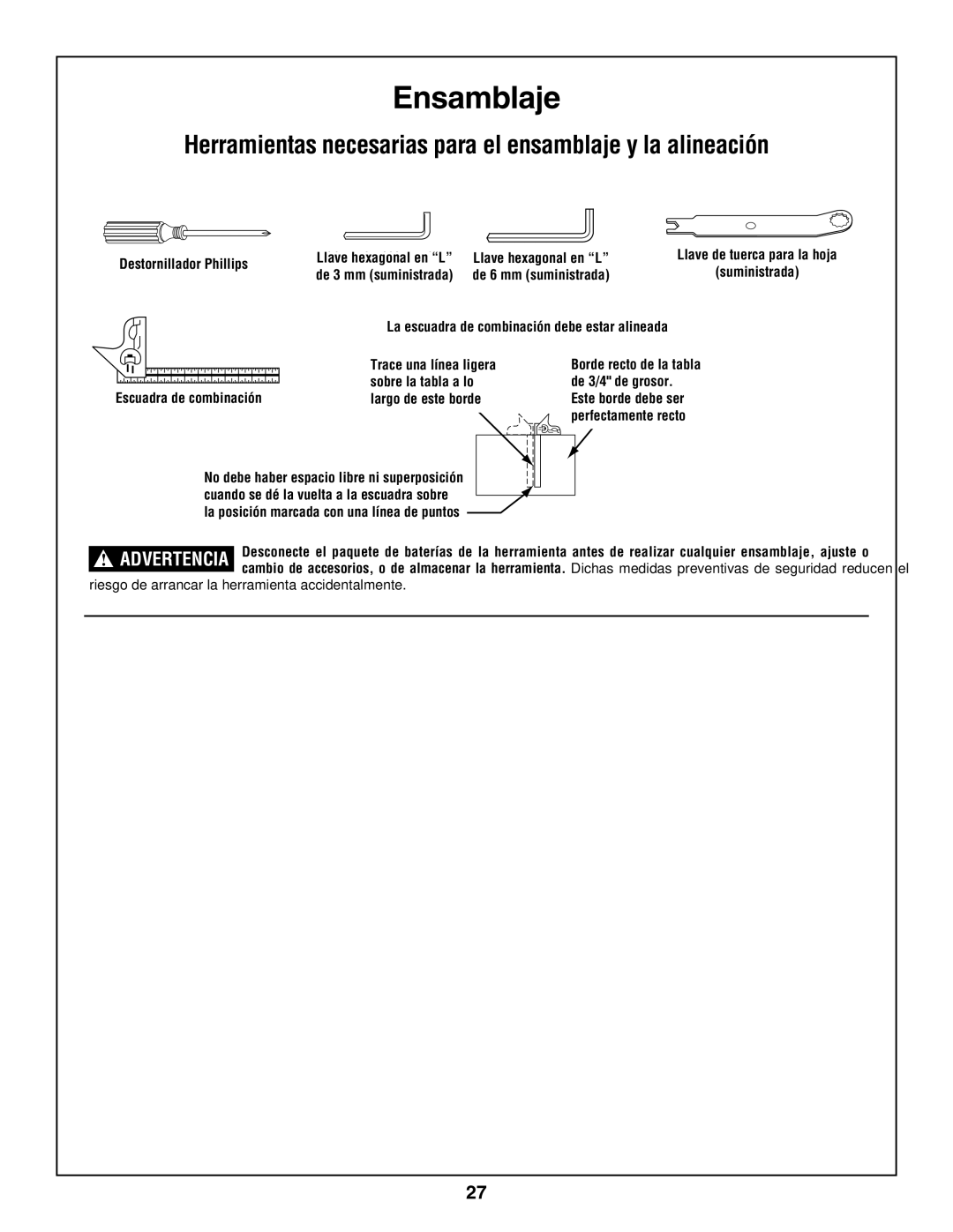 Bosch Power Tools 3924-24, 3918 manual Ensamblaje, Herramientas necesarias para el ensamblaje y la alineación 