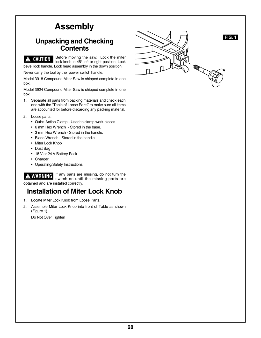 Bosch Power Tools 3918, 3924-24 manual Unpacking and Checking Contents, Installation of Miter Lock Knob 