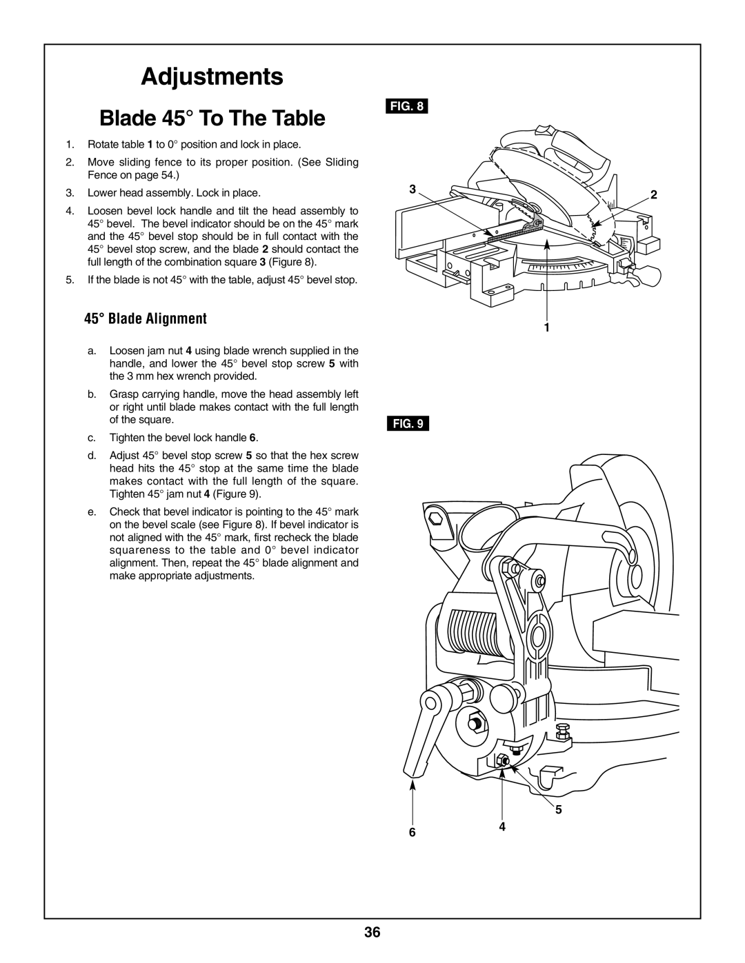 Bosch Power Tools 3918, 3924-24 manual Adjustments, If the blade is not 45 with the table, adjust 45 bevel stop 