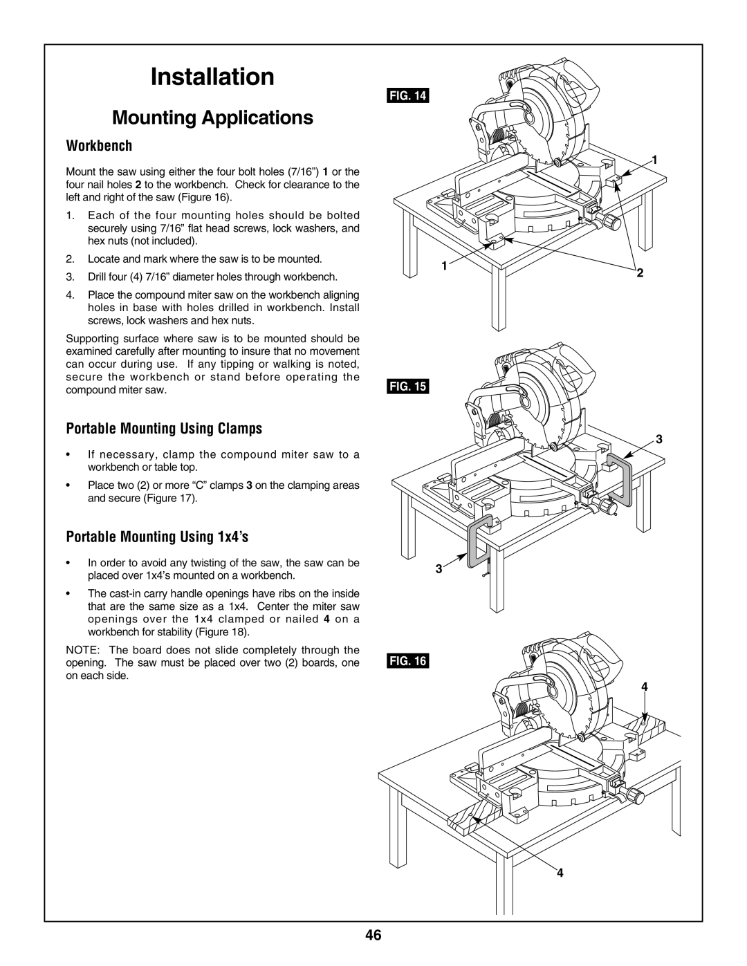 Bosch Power Tools 3918, 3924-24 manual Installation, Mounting Applications, Workbench, Portable Mounting Using Clamps 