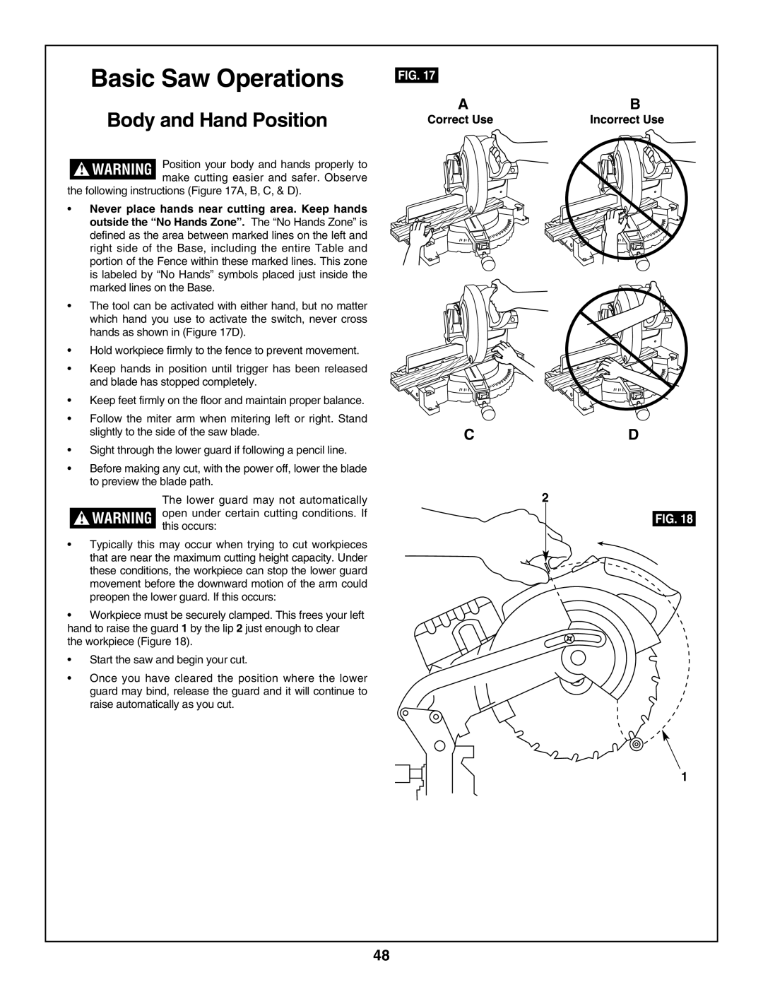 Bosch Power Tools 3918 manual Body and Hand Position, Following instructions A, B, C, & D, Raise automatically as you cut 