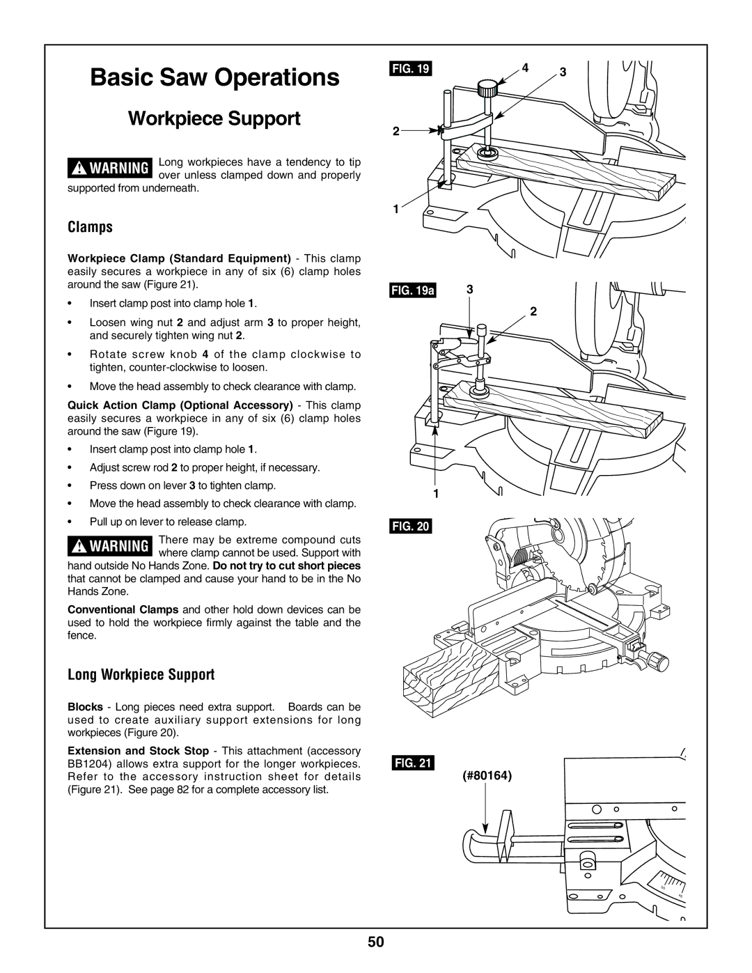 Bosch Power Tools 3918, 3924-24 manual Basic Saw Operations, Clamps, Long Workpiece Support, Supported from underneath 