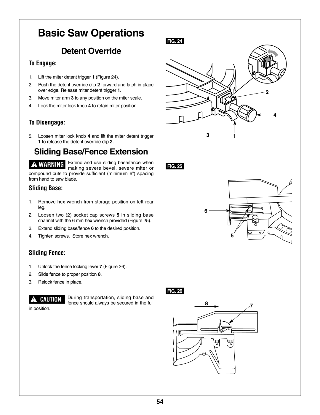 Bosch Power Tools 3918, 3924-24 manual Detent Override, Sliding Base/Fence Extension 