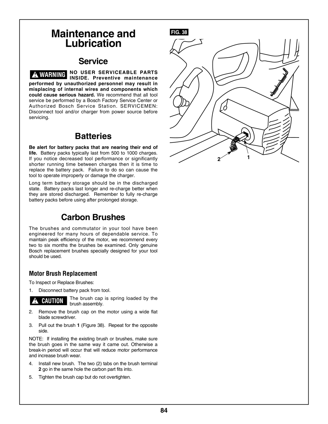 Bosch Power Tools 3918, 3924-24 manual Batteries, Carbon Brushes, Motor Brush Replacement 