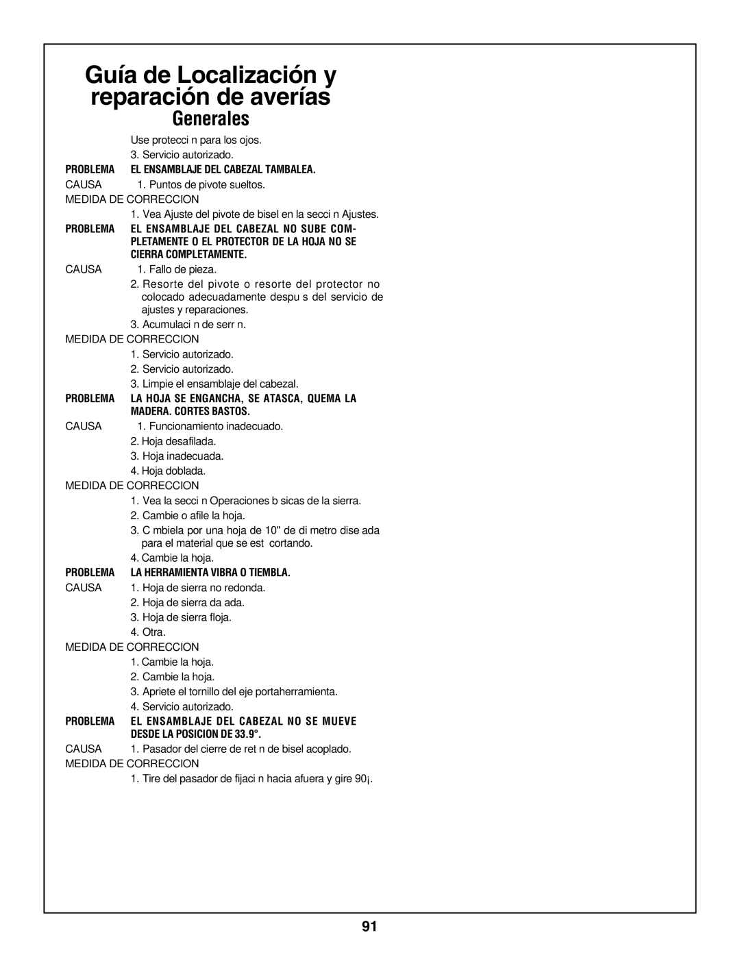 Bosch Power Tools 3924-24 Use protección para los ojos, Puntos de pivote sueltos, Fallo de pieza, Ajustes y reparaciones 