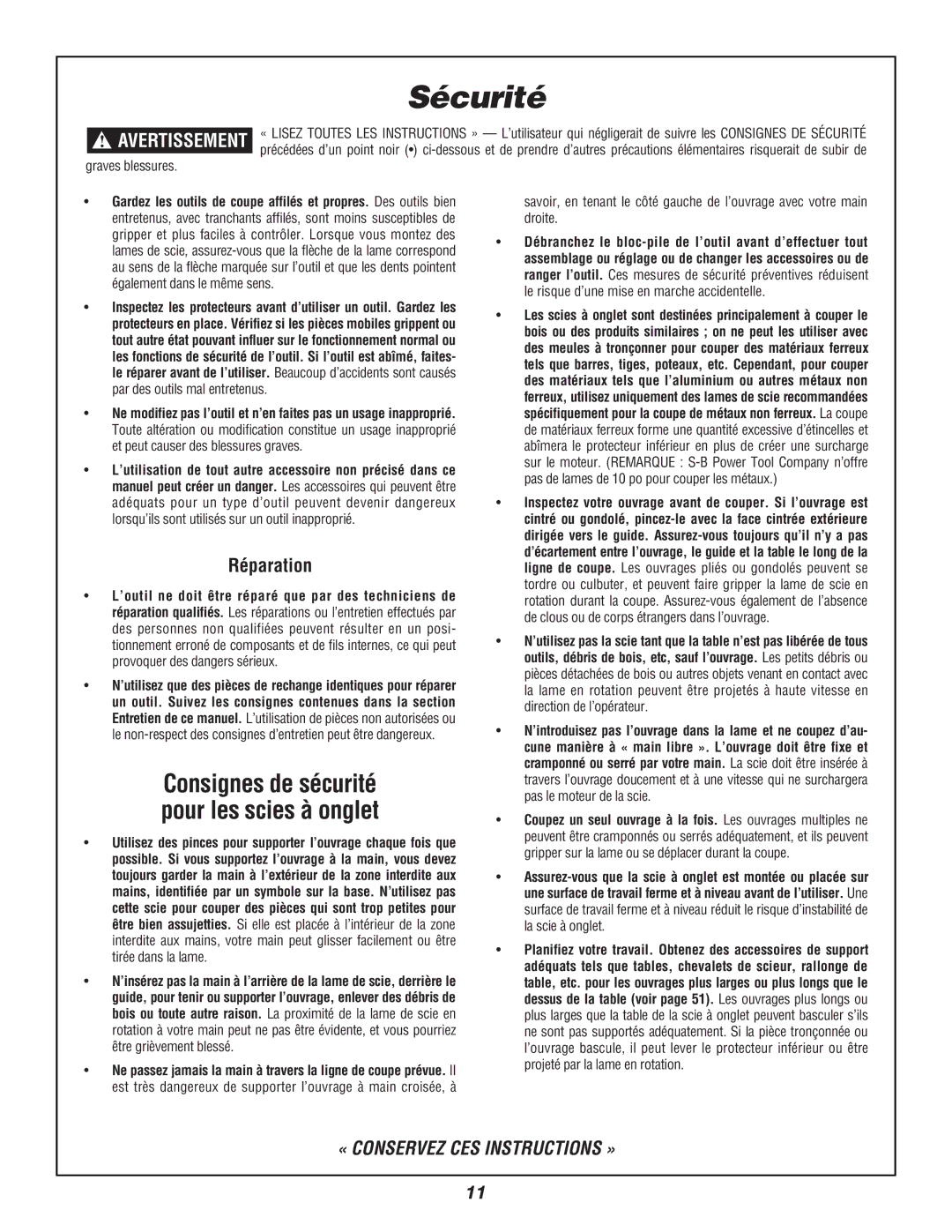 Bosch Power Tools 3924B manual Consignes de sécurité pour les scies à onglet, Réparation 