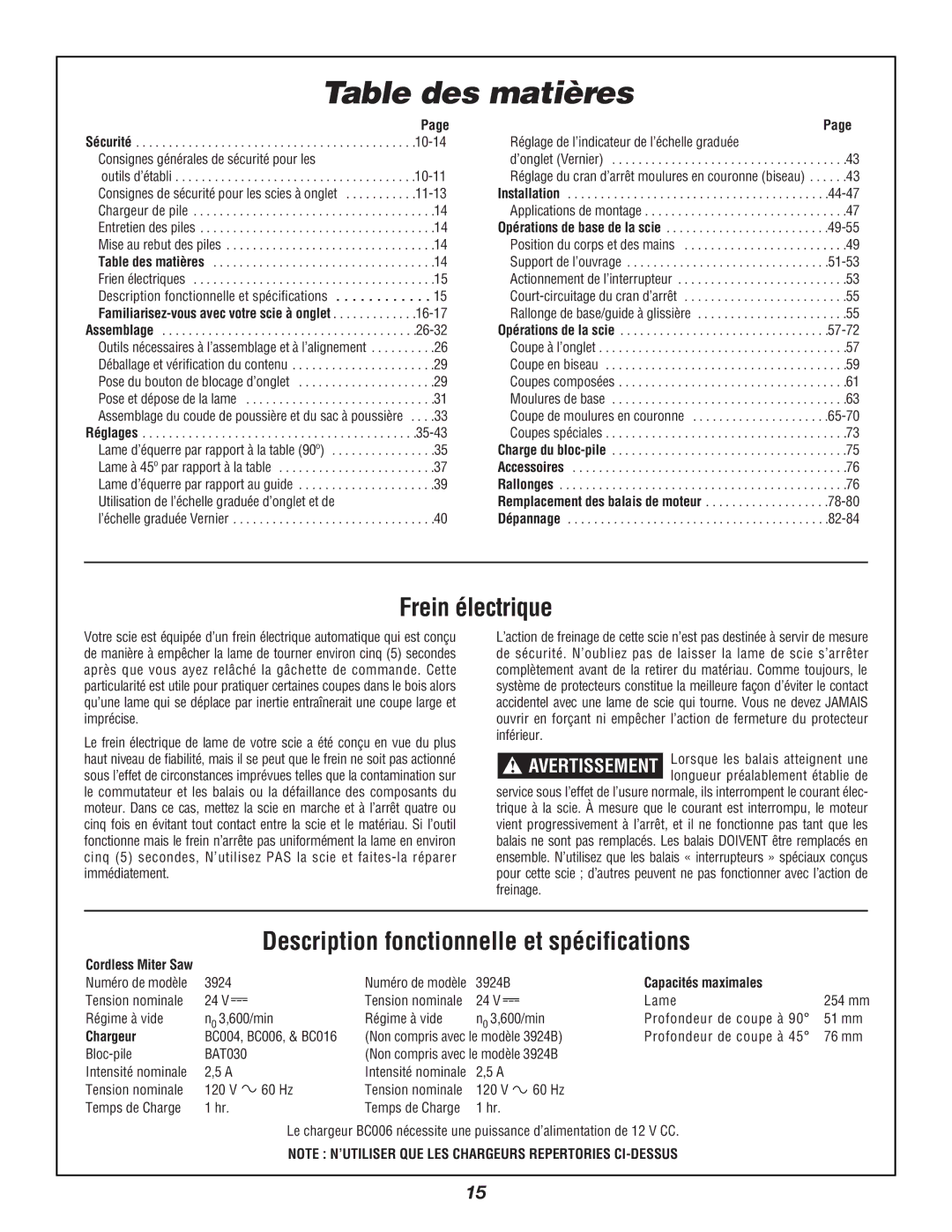 Bosch Power Tools 3924B manual Table des matières, Frein électrique, Description fonctionnelle et spécifications, Chargeur 