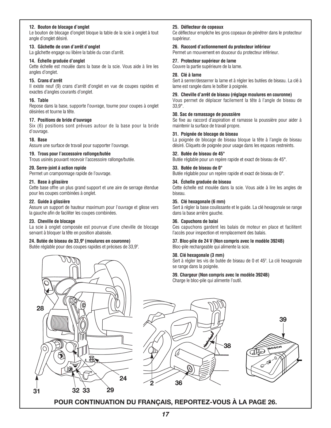 Bosch Power Tools 3924B Bouton de blocage d’onglet, 13. Gâchette de cran d’arrêt d’onglet, 14. Échelle graduée d’onglet 