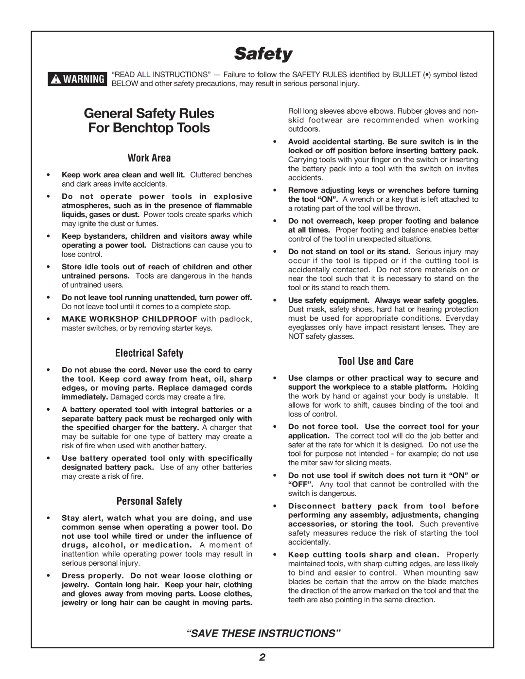 Bosch Power Tools 3924B manual General Safety Rules For Benchtop Tools 