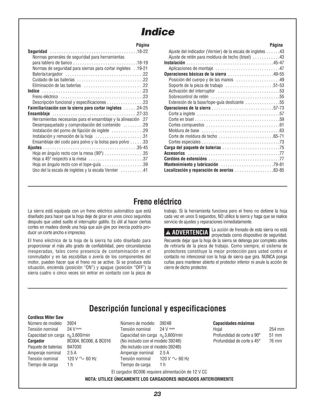 Bosch Power Tools 3924B manual Indice, Freno eléctrico, Descripción funcional y especificaciones 