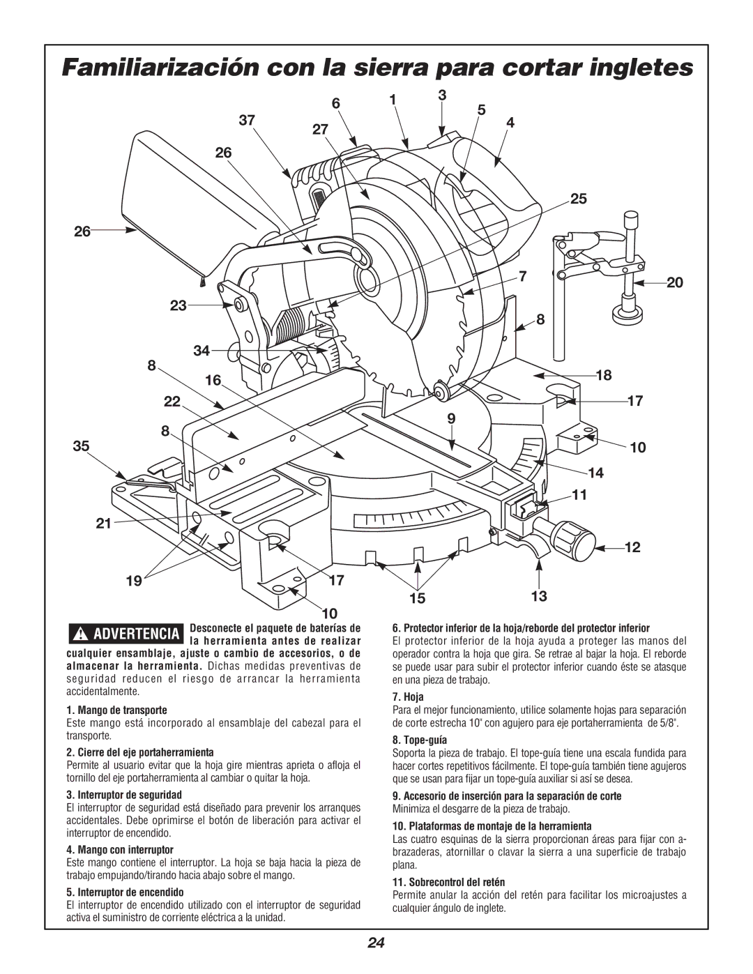 Bosch Power Tools 3924B manual Familiarización con la sierra para cortar ingletes 