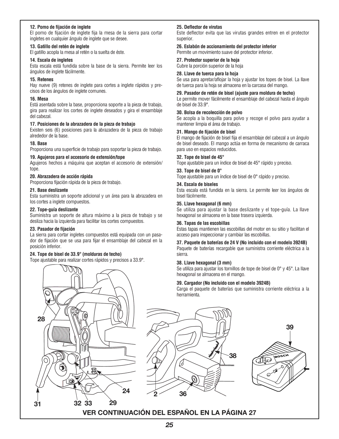 Bosch Power Tools 3924B manual Pomo de fijación de inglete, Gatillo del retén de inglete, Escala de ingletes, Retenes, Mesa 