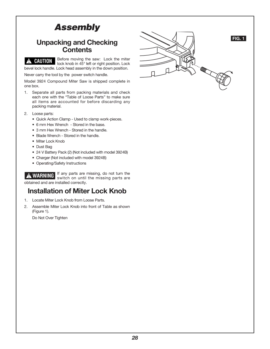 Bosch Power Tools 3924B manual Unpacking and Checking Contents, Installation of Miter Lock Knob 