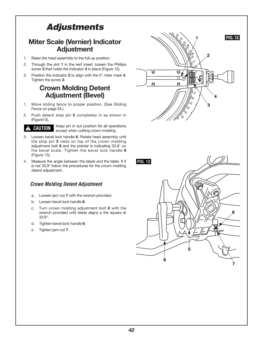 Bosch Power Tools 3924B manual Miter Scale Vernier Indicator Adjustment, Crown Molding Detent Adjustment Bevel 